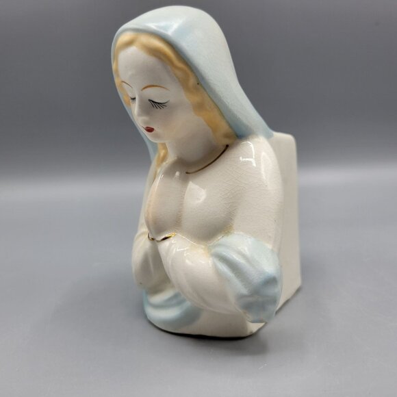 Vintage Ceramic Praying Virgin Mary Figurine Vase Blue White Religious Decor 4.5 - Picture 5 of 15